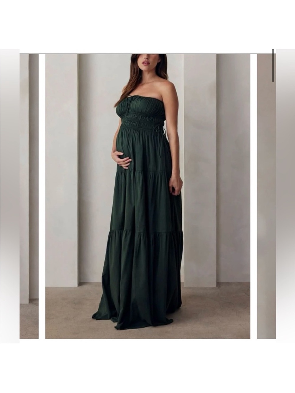 Shirred Strapless Gown in Dark Green